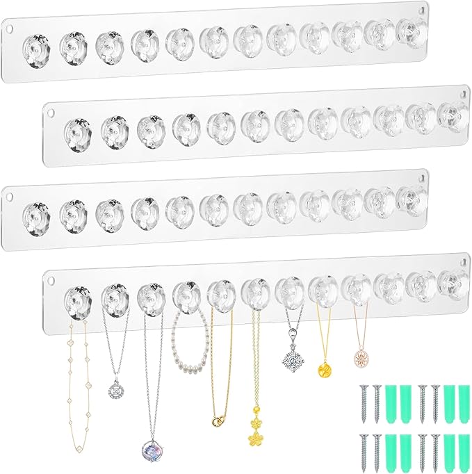 4Pcs Acrylic Necklace Holder Wall,Clear Necklace Hanger with 12 Hook for Girls Women,Easy Install Necklace Hanger Wall Mount Jewelry Organizer wall mount for Necklaces, Bracelets, Chains