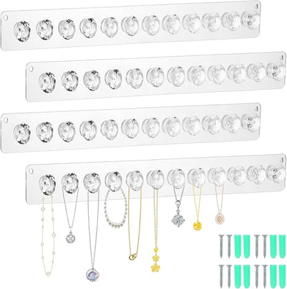 4Pcs Acrylic Necklace Holder Wall,Clear Necklace Hanger with 12 Hook for Girls Women,Easy Install Necklace Hanger Wall Mount Jewelry Organizer wall mount for Necklaces, Bracelets, Chains