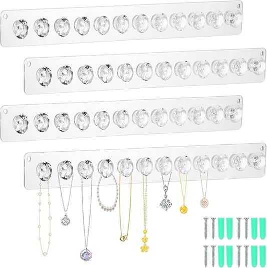 4Pcs Acrylic Necklace Holder Wall,Clear Necklace Hanger with 12 Hook for Girls Women,Easy Install Necklace Hanger Wall Mount Jewelry Organizer wall mount for Necklaces, Bracelets, Chains