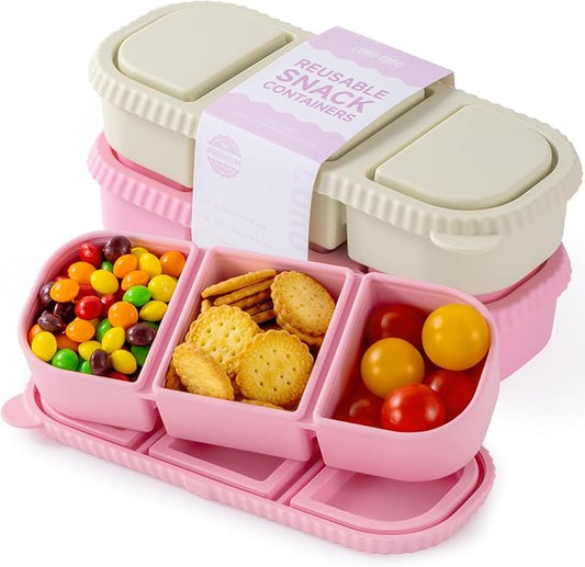 2Pack Silicone Reusable Snack Containers with Lids | Small 3-Compartment Snackle Box |Perfect for Kids Lunch, Sauce, Food Storage at School, Work, Travel