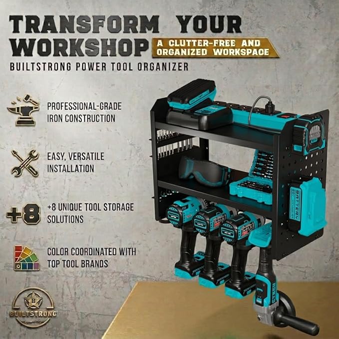 BUILTSTRONG Power Tool Organizer Wall Mount – 3-Tier Heavy-Duty Steel Rack, 4 Drill Slots, Pegboard + Utility Side, 100 lb Capacity – Garage, Workshop & Shed Storage (Black)