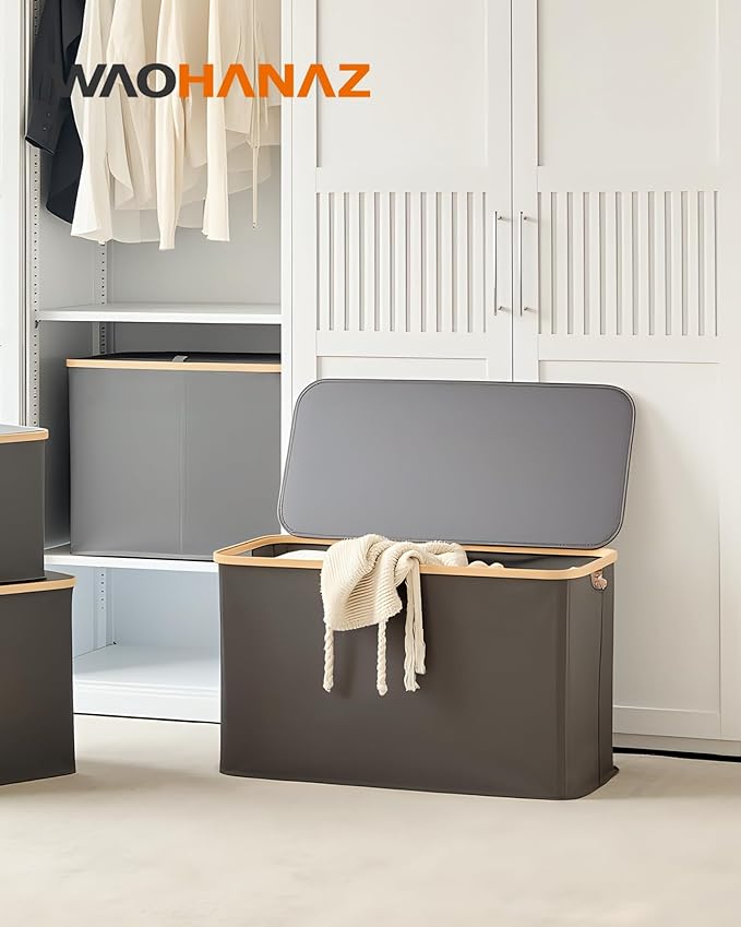 Storage Basket with Lid and Handles, 135L Fabric Bin with Divider for Shelf, Closet, Toy Organization, Collapsible Storage Organizer for Home, Grey