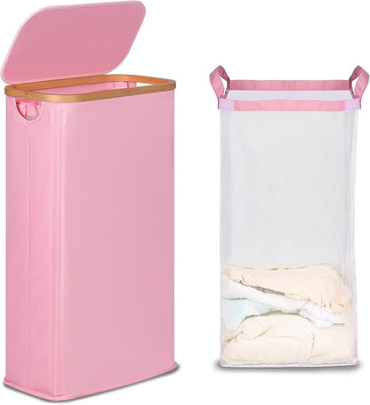 efluky Slim Laundry Basket with Lid, Narrow Laundry Hamper with Removable Bag, Skinny Dirty Clothes Basket with Bamboo Handles for Bathroom, Bedroom & Laundry Room, 63L Pink