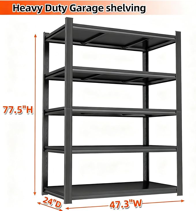 Heavy Duty Garage Shelving Unit, 5-Tier Adjustable Metal Storage Shelves, 3000LBS Utility Rack Shelf for Garage & Basement,Tool Organization, Warehouse, Pantry Closet, Kitchen, 77" H, Black