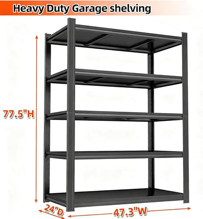 Heavy Duty Garage Shelving Unit, 5-Tier Adjustable Metal Storage Shelves, 3000LBS Utility Rack Shelf for Garage & Basement,Tool Organization, Warehouse, Pantry Closet, Kitchen, 77" H, Black