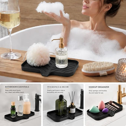 MicoYang Silicone Bathroom Soap Dishes with Drain Spout-Bathroom and Kitchen Sink Organizer,Sponge Holder,Dish Soap Tray,Perfect for Dispenser,Scrubber,Bottle,Cup on Sink or Counter-Black 9.6"×5.3"