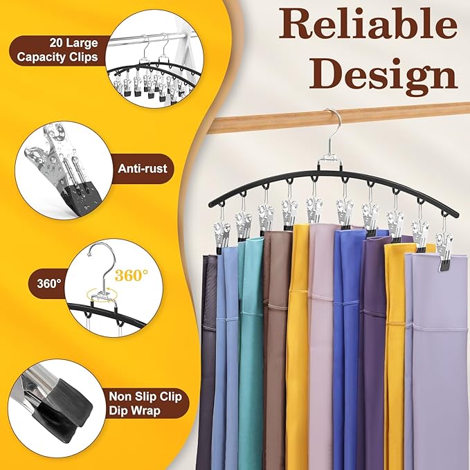 2 Pack Legging Organizer for Closet 360° Swivel, Metal Gym Clothes Organizer w/20 Clips Holds 20 Leggings, Hangers Space Saving, Closet Organizers and Storage, Dorm Room Organization Essentials, Black