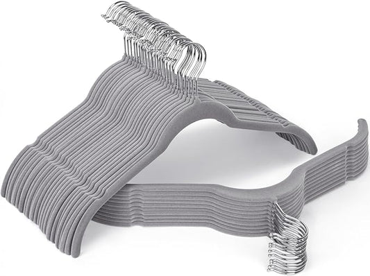 Gray Velvet Hangers 50 Pack, Non-Slip Felt Hangers with Shoulder Notches, Slim Space Saving Clothes Hangers with 360°Swivel Hook for Shirts Heavy Coats Clothes Dresses Closet(Gray)