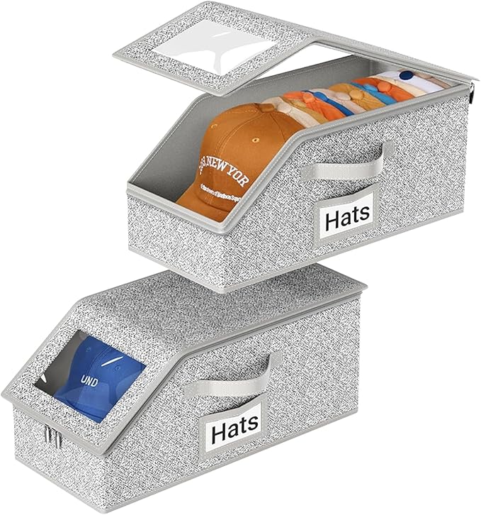 2 Pack Hat Organizer for Baseball Caps, Stackable Hat Storage Box for Closet, Cap Organizer & Cowboy Hat Case, Dustproof Hat Holder for Snapback Trucker Hats, Grey Hat Box