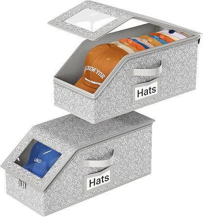 2 Pack Hat Organizer for Baseball Caps, Stackable Hat Storage Box for Closet, Cap Organizer & Cowboy Hat Case, Dustproof Hat Holder for Snapback Trucker Hats, Grey Hat Box