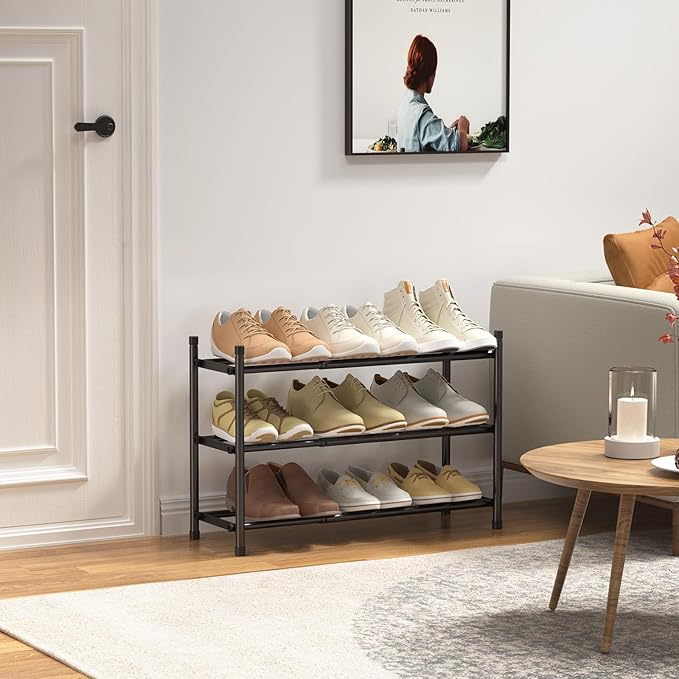 Uneviesyka Expandable Shoe Rack, 3 Tier Shoe Rack for Closet, Stackable Adjustable Standing Metal Shoe Shelf Organizer Storage, Small Shoe Racks for Front Door Entrance、Entryway(Black)