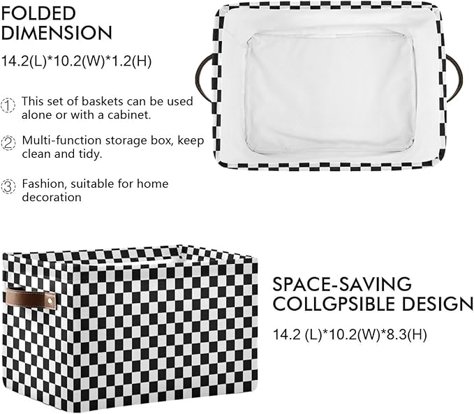 Black White Checkered Pattern Large Storage Basket Cube Storage Bin Canvas Fabric Organizer Handles Collapsible Decorative for Clothes Toys Bedroom
