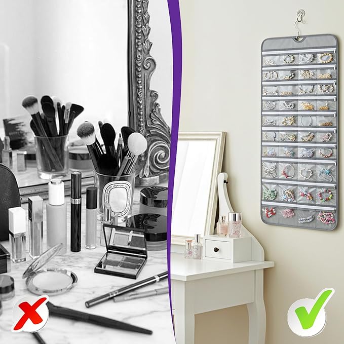 2 Pack Hanging Jewelry Organizer with 80 Zippered Pockets, Dual-Sided Dustproof Foldable for Travel, Accessories Organizer for Holding Jewelries, Earring Organizers and Storage