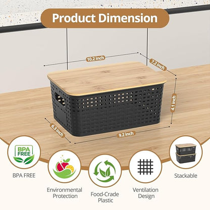 Plastic Storage Baskets with Bamboo Lids, Stackable Small Box Bins for Organizing and Containers for Shelves Drawers Desktop Closet Pantry Classroom Office Home, 6 Pack 10.2x7.2x4.1 Inch, Black