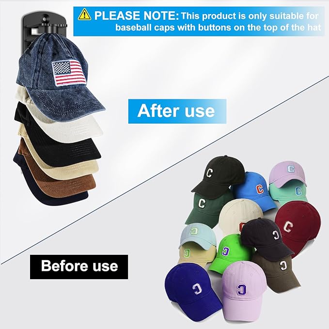 Hat Organizer for Baseball Caps, 2 Pack Hat Rack for Wall Hold up to 20 Hats, Strong Adhesive Hat Storage Display Holder, Wall Mounted Hat Hooks Cap Holders for Door Closet Bedroom (2)