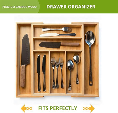 Premium bamboo kitchen drawer organizer, perfect for storing cutlery, silverware, and gadgets. Suitable for kitchens, living rooms, and bedrooms. 5-7 compartments, 13 to 19.6 inches wide.