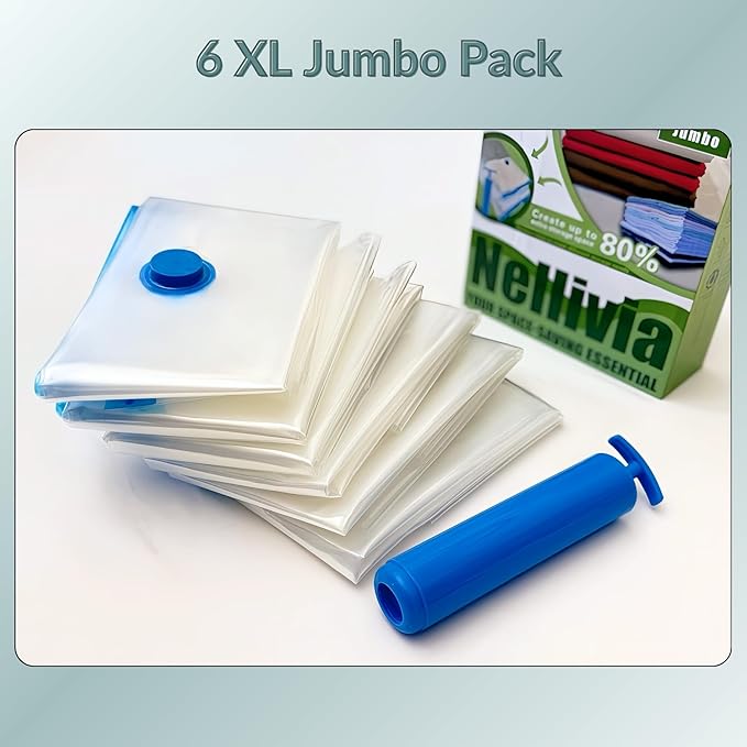 6 Jumbo XL Vacuum Storage Bags with Pump, Extra Large Compression Space Saver for Comforter, Duvet, Blanket, Bedding Storage, Vacuum Seal Bags for Clothing, Luggage Suitcase and Closet Organizer