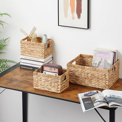 Vagusicc Wicker Basket, Set of 3 Hand-woven Storage Baskets for Organizing, Water Hyacinth Wicker Storage Basket Bins with Handles, Small Toilet Paper Storage Baskets for Shelves Pantry Baskets