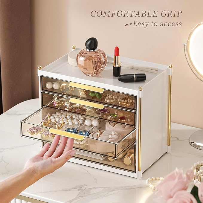 Aveniee 4 Drawers Makeup Organizer- Bathroom Organizers and Storage, Plastic Bins Countertop Perfume Vanity Desk Organization for Cosmetic, Skincare, Face Mask, Jewelry, Gold