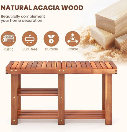 Tangkula 3-Tier Shoes Rack Bench, Entryway Storage Bench Shoes Organizer with Seat, Shoe Shelf for Boots, Acacia Wood Bench for Hallway, Bathroom, Living Room, Corridor Garden