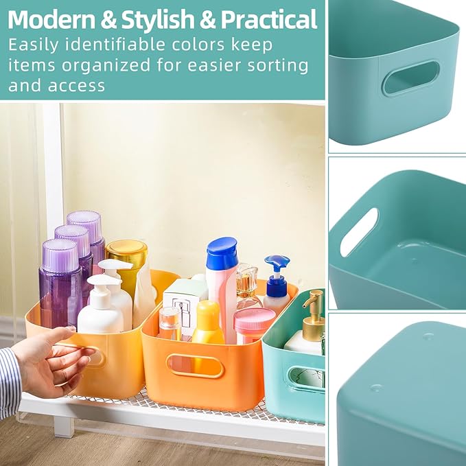 Geetery 24 Pcs Plastic Storage Bins, 10 x 7 x 4 Multiple Color Containers Pantry Baskets with Handles Organizing Bins for Kitchen Bathroom Organizer Cupboard Box on Shelves
