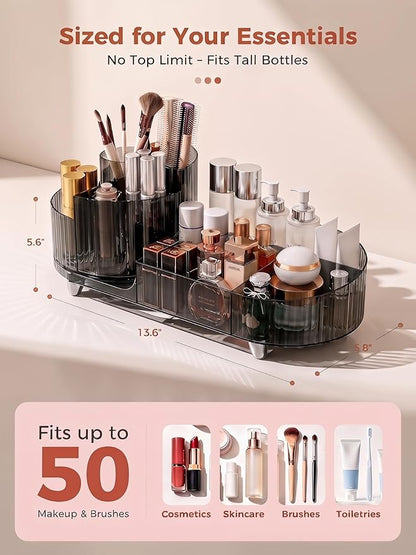 Booklov Rotating Makeup Organizer for Vanity, Large Capacity Cosmetic Display Case, Clear Acrylic Countertop Beauty Storage Holder for Skincare, Brush Eyeshadow Lipstick, Counter Desk, Crystal Black
