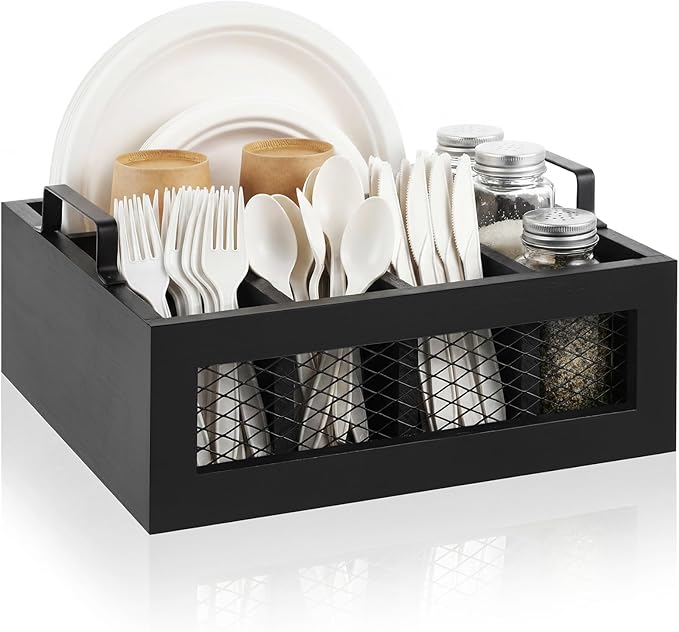 Mimorou Wooden Napkin Paper Plate and Utensil Holder Caddy for Party Kitchen Counter Cutlery Flatware Organizer for Utensil Caddy Cups Spoon Forks Napkins, Kitchen Accessories(Black)