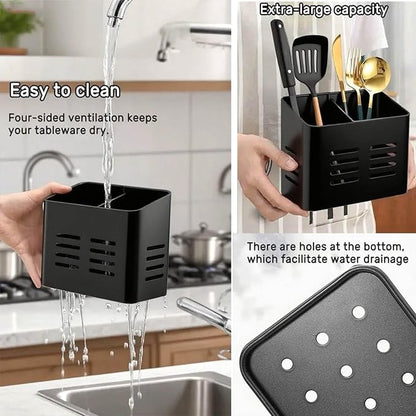 Kitchen Utensil Holder for countertop, 2 Compartment Caddy & Organizer for Drying Cooking Spoons Utility Sturdy Home Kitchen Daily Use Utensil Drainer (Black)