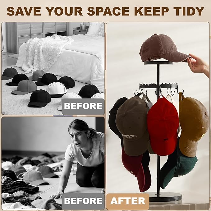 Rotating Hat Organizer for Baseball Caps, 3-Tier Merchandise Display & Tabletop Hat Organizer with Tray Holds 40+ Caps,Hat Stand for Vendor & Home Use in Bedroom, Closet, Dresser, Office