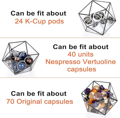 ELLDOO Black Glass Coffee Pods Holder, 15 Sided Geometric Box Coffee Pod Organizer for K Cup Espresso, Tea Bags Sugar Packets Storage Holder for Kitchen Coffee Bar Office Counter