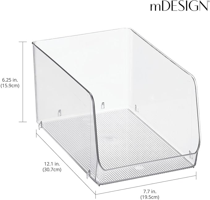 mDesign Stackable Plastic Food Storage Organizer Bin Basket with Open Front for Household Kitchen Cabinets, Pantry, Offices, Closets, Bedrooms, Bathrooms - 7.7" Wide, 4 Pack - Clear