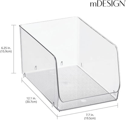 mDesign Stackable Plastic Food Storage Organizer Bin Basket with Open Front for Household Kitchen Cabinets, Pantry, Offices, Closets, Bedrooms, Bathrooms - 7.7" Wide, 4 Pack - Clear