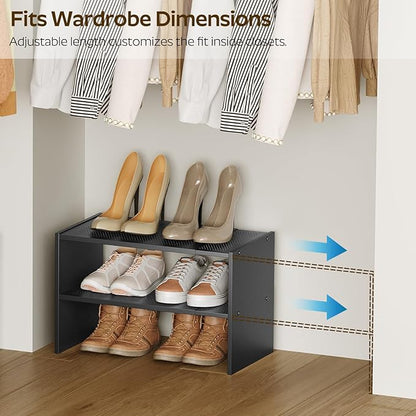YATINEY Expandable Shoe Rack, 2-Tier Adjustable Entryway Shoe Organizer, Stackable Closet Shoe Rack for Small Space, Compact Shoe Shelf Storage for Garage Holds Up to 12 Pairs, Black SS03BB