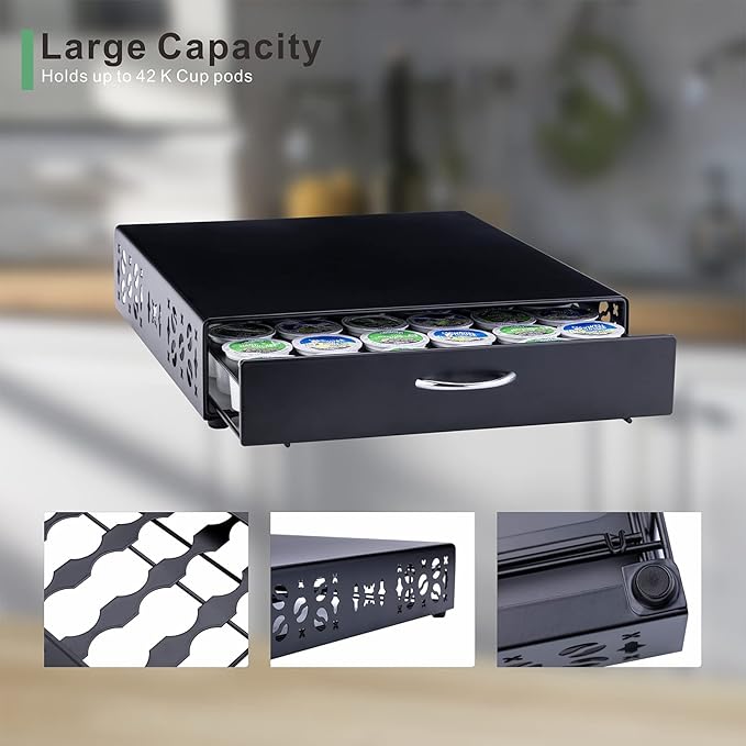 K Cup Pod Holde iron Top Drawer,Coffee Pod Holder Capsule Display Storage compatibility 42 k cup (Black)