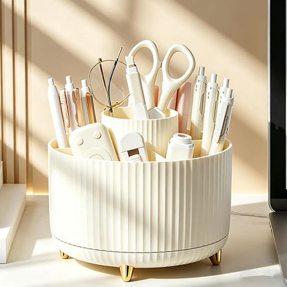 360 Degree Rotating Makeup Brush Holder Organizer Detachable Design 5 Slot Make up Brushes Cup for Cosmetics and Pencil Pen Organizer for Desk Makeup Organizer Skincare Storage for Vanity（Cream）