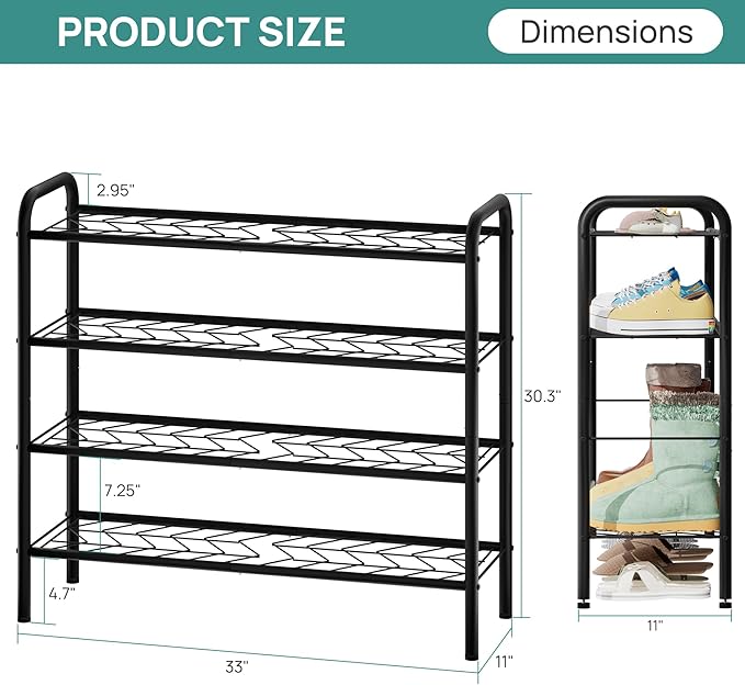 viewcare Shoe Rack for Closet, 4-Tier Long Shoe Rack for Entryway & Garage, Black Shoe Organizer Holds 12-16 Pairs, Sturdy Metal Construction