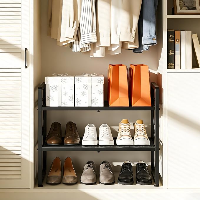 ELYKEN Shoe Rack, 4-Tier Expandable Shoe Organizer for Entryway, Metal Black Shoe Shelf with 8 Hooks, Adjustable Shoe Stand Holder for Closet, Garage, Door Entrance