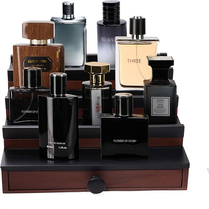 Cologne Organizer for Men - 4 Tier Brown Black Wooden Cologne Display Stand with Drawer and Hidden Compartment, Mens Cologne Holder Shelf for Organizing and Storing