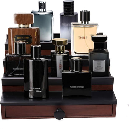 Cologne Organizer for Men - 4 Tier Brown Black Wooden Cologne Display Stand with Drawer and Hidden Compartment, Mens Cologne Holder Shelf for Organizing and Storing