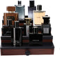 Cologne Organizer for Men - 4 Tier Brown Black Wooden Cologne Display Stand with Drawer and Hidden Compartment, Mens Cologne Holder Shelf for Organizing and Storing