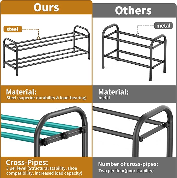 Hleelomi 2-Tier Expandable Shoe Rack for Entryway，Adjustable Metal Shoe Organizer for Closet,Living Room,Dorm,Black