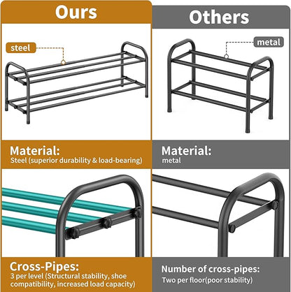 Hleelomi 2-Tier Expandable Shoe Rack for Entryway，Adjustable Metal Shoe Organizer for Closet,Living Room,Dorm,Black
