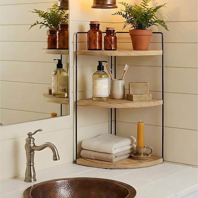 Corner Bathroom Counter Organizer Countertop Brown, 3-Tier Corner Shelf Wood Vanity Tray Easy Assembly Space Saving Shelf for Kitchen, Bathroom, Dresser, Makeup, Office