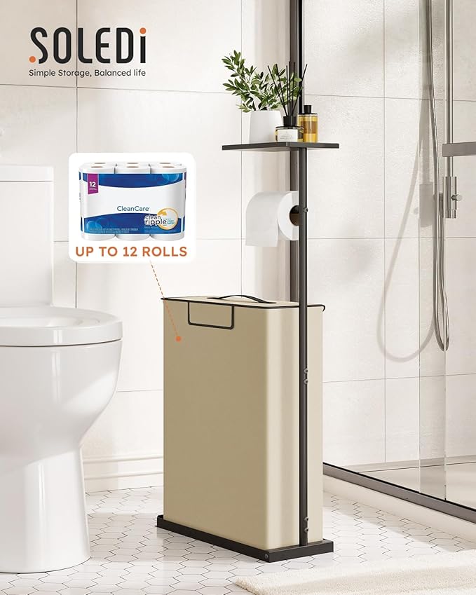 Freestanding Toilet Paper Holder Stand with Shelf for Up to 12 Rolls,Rustproof Metal Bathroom Toilet Paper Storage with Lid, All-in-One Toilet Tissue Roll Dispenser and Organizer,Beige