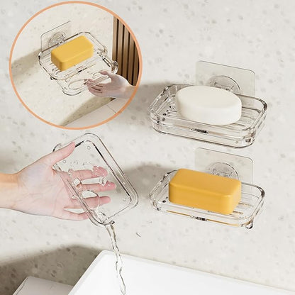 Soap Dish for Shower Wall Mounted, Soap Bar Holder Self Draining, Strong Adhesive Mount Soap Saver Sponge Holder for Bathroom Bathtub Kitchen Sink, Clear
