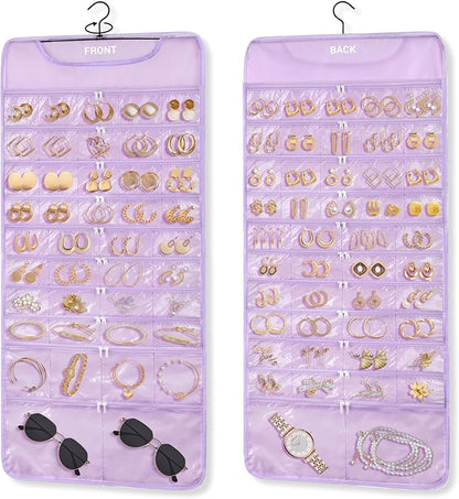FOREGOER Hanging Jewelry Organizer with 88 Zippered Pockets, Dustproof Foldable for Travel, Accessories Organizer for Holding Jewelries Earring Organizers and Storage (Purple)