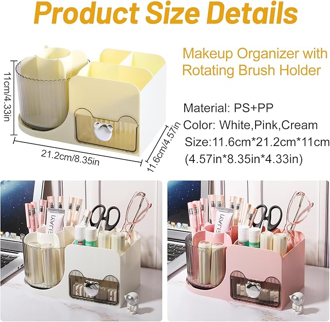 DASITON Makeup Organizer with Drawer, 360° Rotating Makeup Brush Holder, Makeup and Skincare Storage Box, Make Up Organizers for Vantiy, Desktop, Bathroom Countertop, Cosmetic Display Case (Cream)