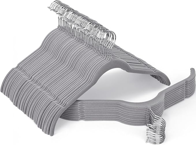 Gray Velvet Hangers 100 Pack, Non-Slip Felt Hangers with Shoulder Notches, Slim Space Saving Clothes Hangers with 360°Swivel Hook for Shirts Heavy Coats Clothes Dresses Closet(Gray)