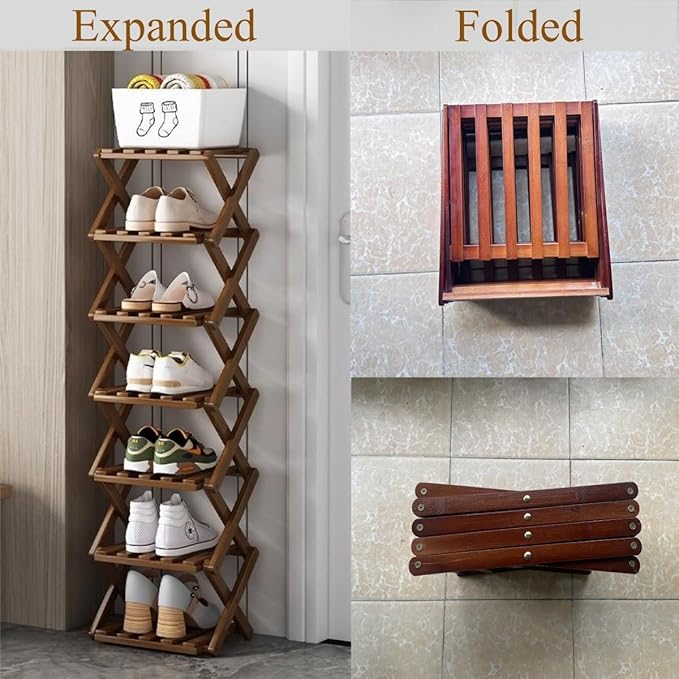 Foldable Shoe Rack, Bamboo Vertical Shoe Organizer Tall for Small Spaces. Multifunctional Narrow Shoe Shelf for Entryway, Closet, Corner, Bedroom, Hallway, Brown Color 7 Layers