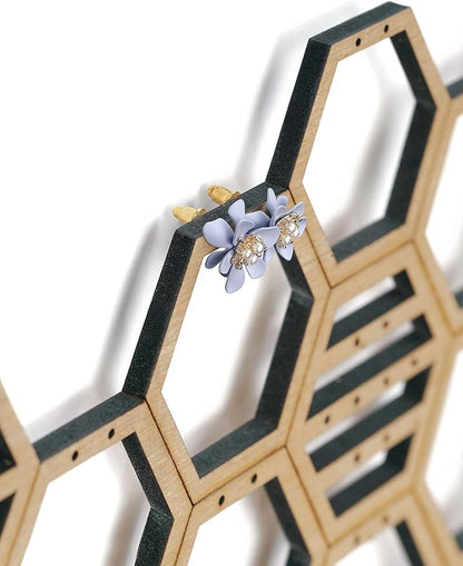 Heesch Hanging Earring Holder Honeycomb Earring Organizer Wall Mount Earring Display Wood Hanging Jewelry Organizer for Stud Earrings, Necklaces (Beech Wood Color)